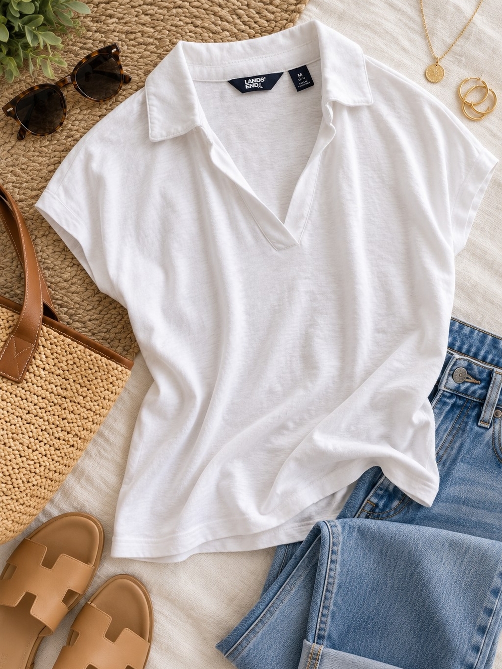 Lands’ End White Linen Blend Collared V-Neck Top | Size M